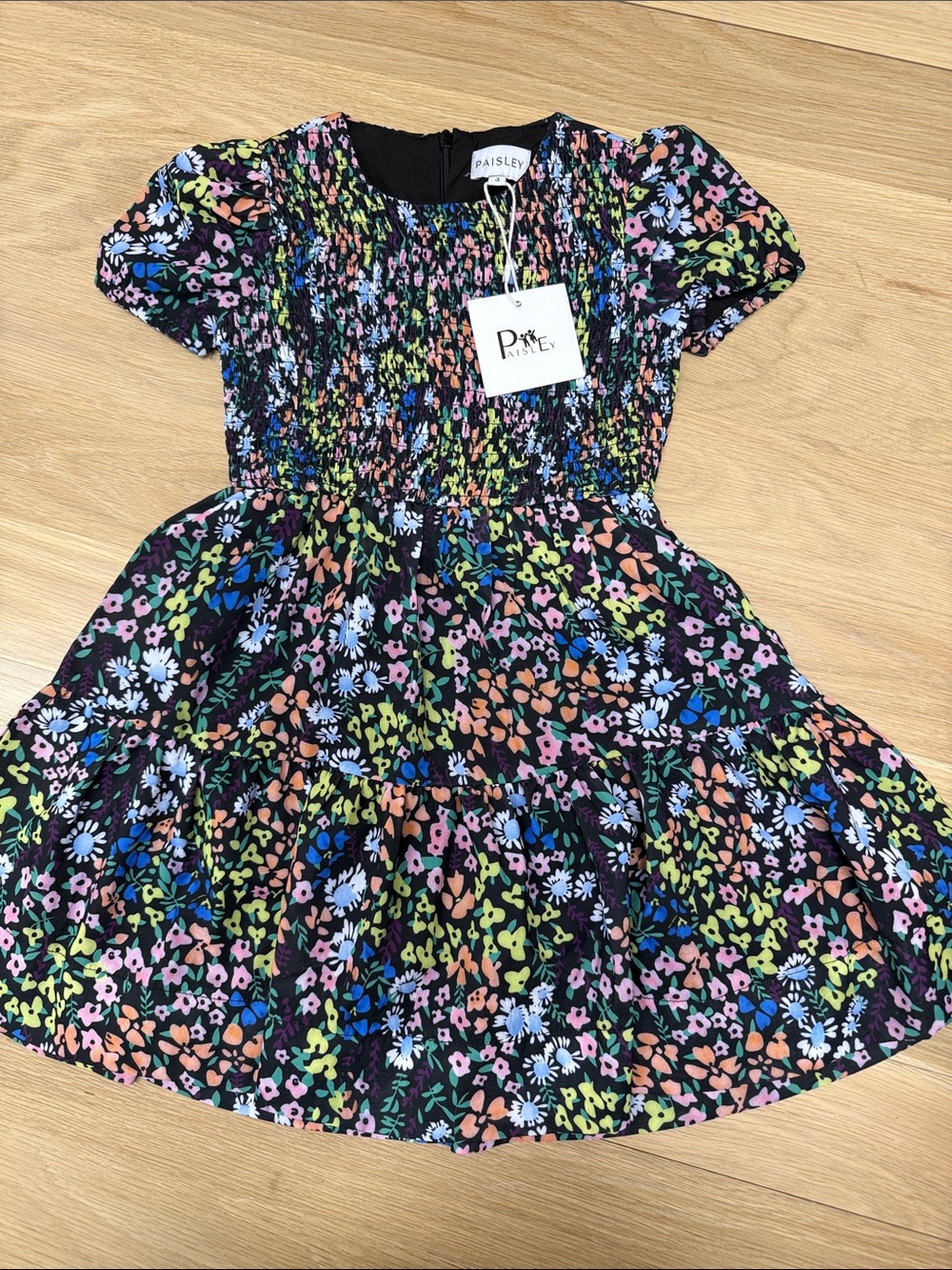 Paisley Black Floral Smocked Short Sleeve Dress